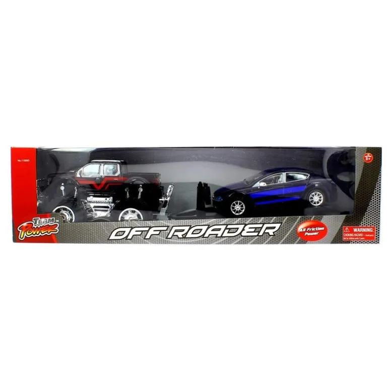 Jeep de Juguete con Remolque y Coche Negro y Azul