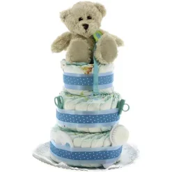Tarta de pañales de tres pisos Osito con accesorios azul