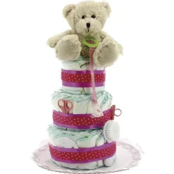 Tarta de pañales de tres pisos Osito con accesorio Rosa